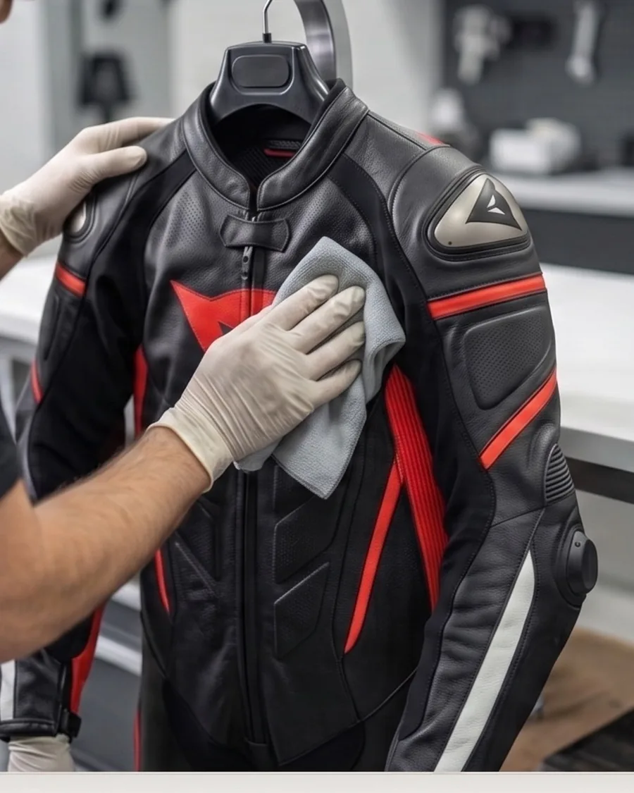 Leren motorpak dat met de hand gereinigd en gevoed wordt bij Crystal Services in Antwerpen