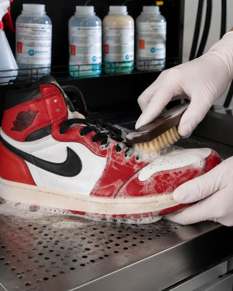 Sneakers reinigen met borstel en materiaalspecifieke producten bij Crystal Services in Antwerpen